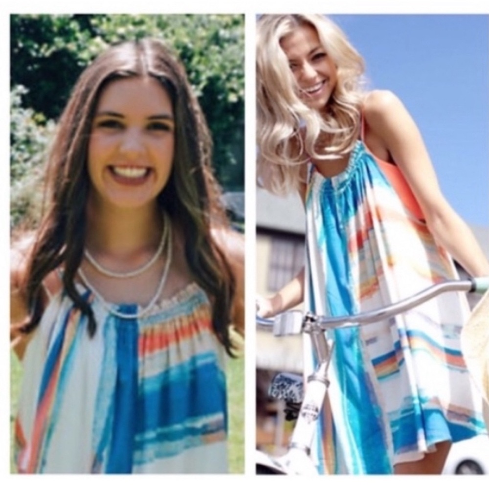 Free People Painted Stripe Mini Dress Halter Tunic White Multi Sundress Large